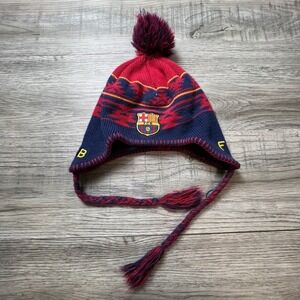 FC Barcelona Peruvian Beanie Unisex OS Navy Red Fleece Lined Pom Pom Earflap Hat